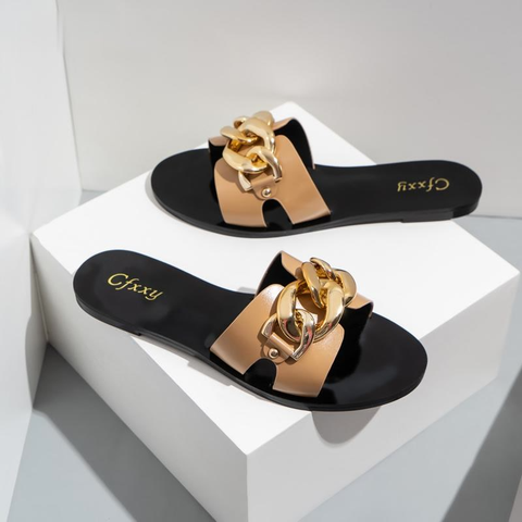 Nouveau dames pantoufles 2022 été diapositives mode noir chaîne en métal décoré plat bout rond femmes diapositives femme chaussures de plage ► Photo 1/6