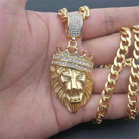 Pendentif tête de Lion en acier inoxydable glacé, couronne de Bling, collier d'animal de couleur or, bijoux Hip Hop pour hommes/femmes, collection livraison directe ► Photo 1/1