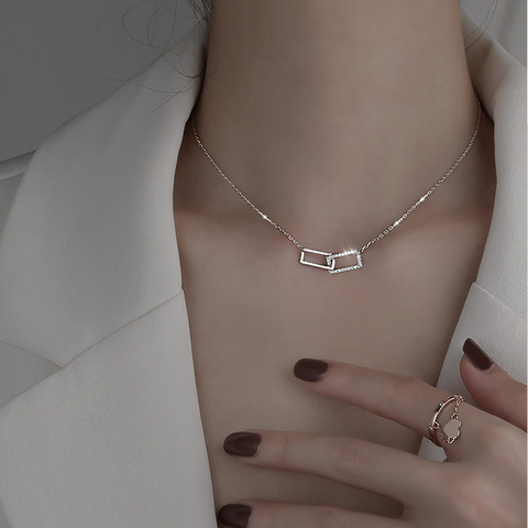 Collier ras du cou en argent Sterling 925 brillant, Rectangle, Double cercle en Zircon CZ, pendentif, cadeau pour filles, NK064 ► Photo 1/6