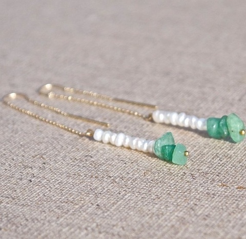 Boucles d'oreilles en fil de jade vert, petite graine, perle, longue chaîne, style asiatique ► Photo 1/3