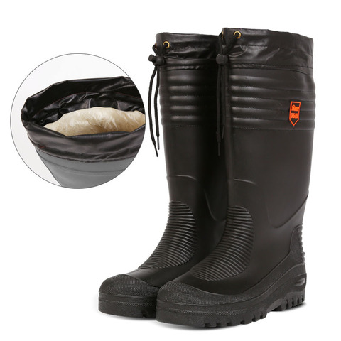 Bottes de pêche hautes noires pour hommes, chaussures de pluie avec fourrure, bottes rembourrées en coton, imperméables, hiver ► Photo 1/3