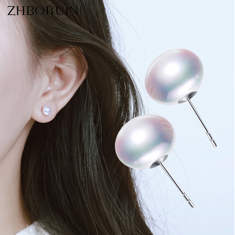 ZHBORUINI-boucles d'oreilles en perles en argent Sterling 925 pour femmes, 7-10mm, clous d'oreilles oblates, eau douce naturelle, bijoux à offrir ► Photo 1/6