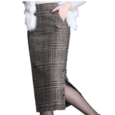 Jupe en laine à carreaux, grande taille 4XL, jupe d'hiver, crayon pour femmes, taille haute, fendue pour le bureau, 2022 ► Photo 1/5