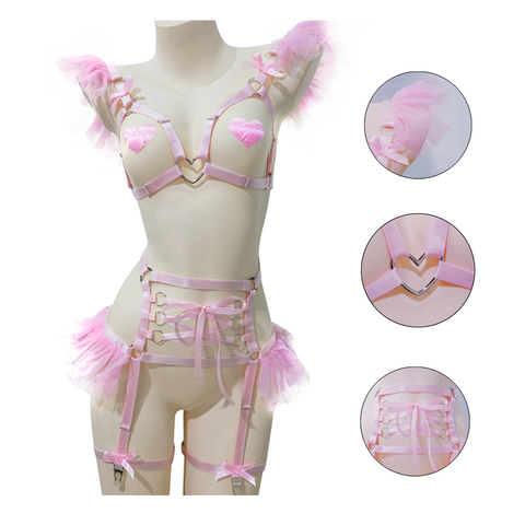 Harnais en mousseline de soie rose gothique, nœud rose, anneau en forme de cœur, haut de poitrine ouvert, Bondage, Cage corporelle, Lingerie, Pastel, Punk, ceinture, jarretelle pour femme ► Photo 1/6