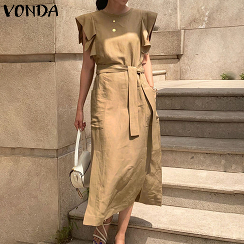 VONDA Sexy sans manches Robe d'été à volants Maxi Robe longue avec ceinture 2022 femmes bohème Robe d'été fête Vestido grande taille Robe ► Photo 1/6