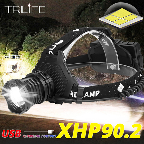 Lampe frontale puissante avec fonction XHP90.2 LED Rechargeable par USB, imperméable, lumière avec fonction zoom, lumière pour la pêche, batterie externe piles rechargeables par USB, 18650 lumens ► Photo 1/6