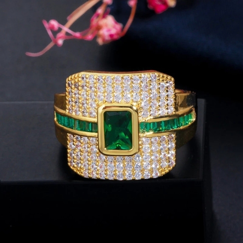 CWWZircons-bague de luxe Monaco, or jaune, vert CZ, bague Promise pour femmes, fiançailles de mariage, dubaï Punk, bague de mariée R148 ► Photo 1/6