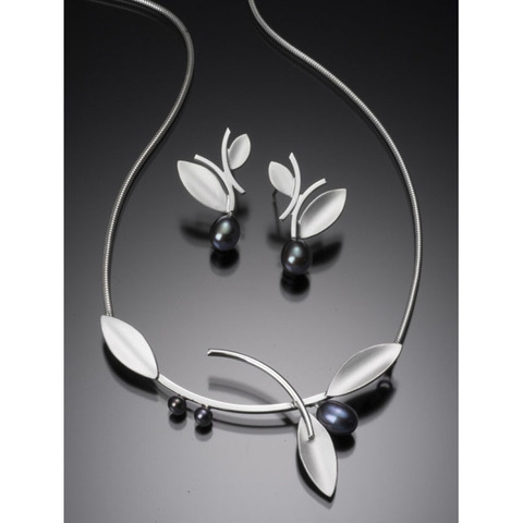 Belle plante feuilles perle boucles d'oreilles collier charmant bijoux ensembles mat gris-argent couleur pendentif ensemble de bijoux de mariée ► Photo 1/5