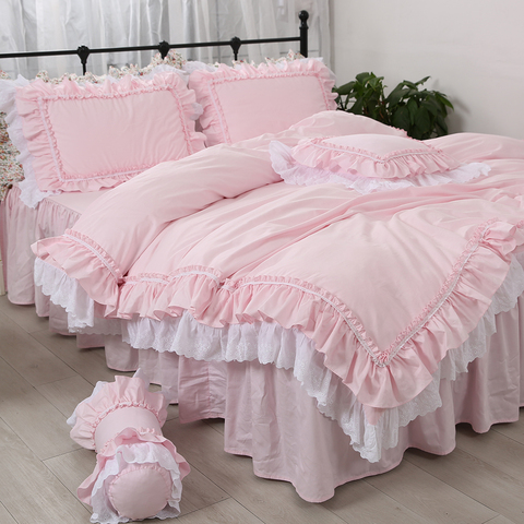 Incroyable ensemble de literie de luxe rose reine taille broderie à volants dentelle double housse de couette jupe de lit princesse chaude taie d'oreiller HM-17P ► Photo 1/4