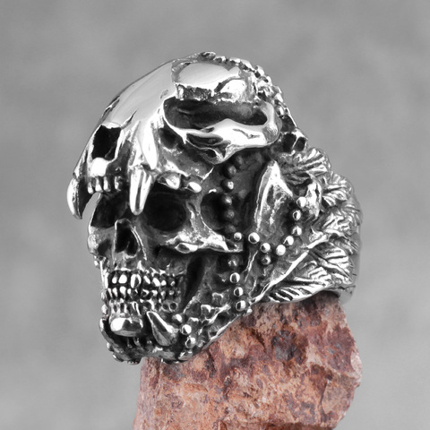 Jaguar guerrier crâne en acier inoxydable hommes anneaux squelette gothique Punk Vintage pour homme petit ami bijoux créativité cadeau en gros ► Photo 1/6