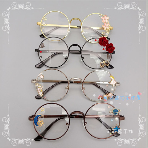 Monture de lunettes Lolita faite à la main Harajuku lunettes rondes noir argent Bronze doré Rose Sakura étoile lune fée lapin mode ► Photo 1/6