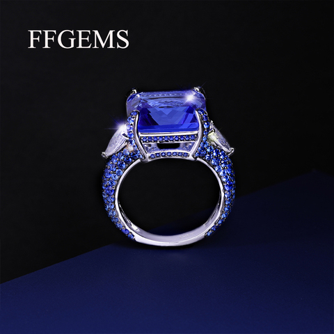 Ffgemmes – grandes bagues en argent Sterling 100% 925 pour femme, bijoux fins en pierre saphir bleu aigue-marine, boîte cadeau pour fête de mariage, 2022 ► Photo 1/6