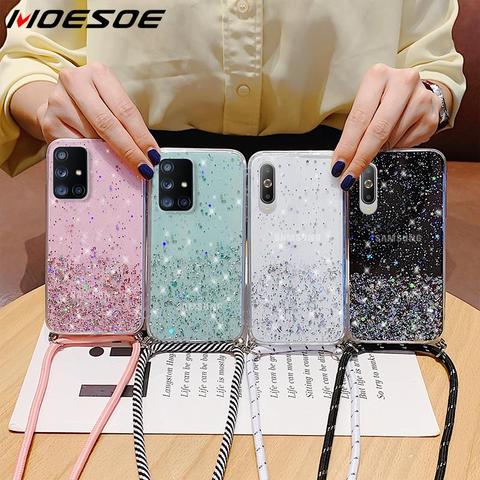 Avec sangle de cou cordon de corde étui à paillettes transparent pour Samsung Galaxy A51 A50 A71 A70 S20 Ultra S10 Plus Note 10 Lite A81 A91 A11 A41 ► Photo 1/6