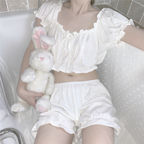 Pyjama blanc japonais pour femmes, ensemble t-shirt et short, 2 pièces, vêtements de maison pour fille, sous-vêtements en coton, vêtements de nuit Sexy ► Photo 1/6