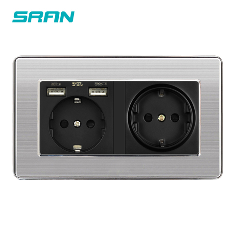 SRAN – prise de courant et prise de courant à double cadre, avec sortie usb, 5v2.1A, avec indicateur caché, panneau en acier inoxydable, 146mm x 86mm ► Photo 1/6