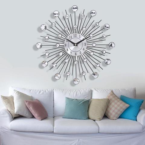 33CM argent DIAMANTE perlé bijou rond SUNBURST métal horloge murale chambre maison bureau décor bricolage grand mur-horloge autocollant ► Photo 1/6