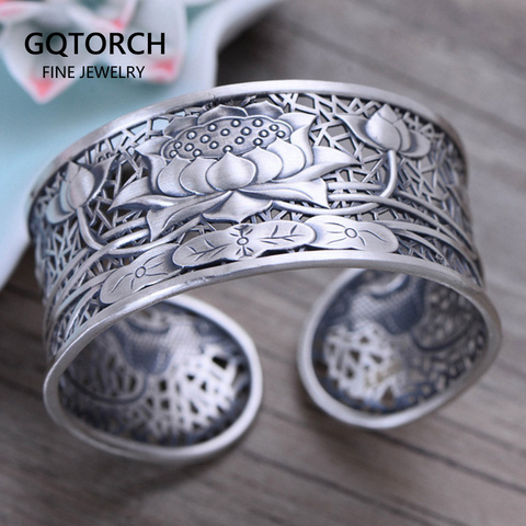 Bracelets en Argent Sterling 999 pur véritable pour femmes, Large Lotus, bijoux bouddhistes tibétains classiques, Jonc en Argent 925 ► Photo 1/6