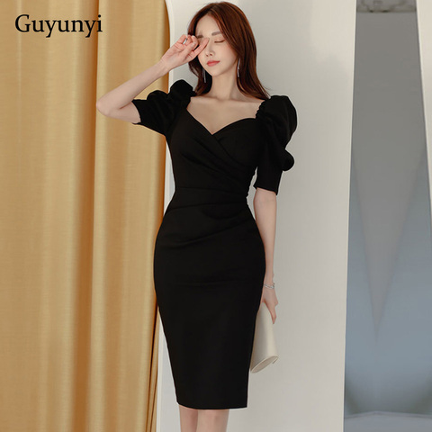 Robe crayon noire pour femme, tenue de soirée élégante, Simple, col en v, manches bouffantes, taille haute, moulante, pour le bureau, Version coréenne, printemps, 2022 ► Photo 1/6