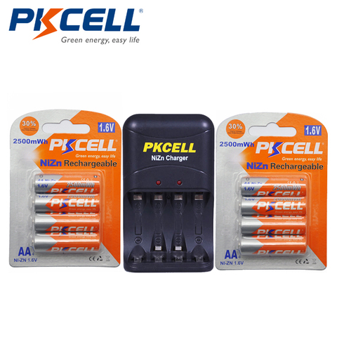 8 Pcs/2 Pack PKCELL NIZN AA Rechargeable Batteries NI-Zn 1.6 V Volts 2500mWh Piles AA + 1 Pcs AA/AAA NiZn Batterie Chargeur ► Photo 1/6