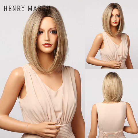 Perruque Bob synthétique lisse ombrée Blonde HENRY MARGU pour femmes, perruque naturelle avec raie au milieu pour fête quotidienne, résistante à la chaleur ► Photo 1/6