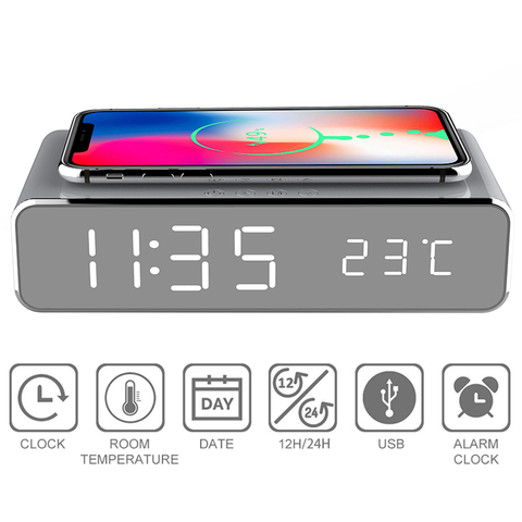 Réveil électrique LED avec chargeur sans fil de téléphone portable, horloge miroir HD avec mémoire de temps, thermomètre numérique ► Photo 1/6