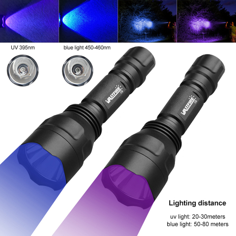 Lampe de poche à LED UV, longue portée, Ultra-Violet, 395nm, lumière bleue, torche tactique d'extérieur, chasse, détecteur de taches d'urine animale, de scorpions ► Photo 1/6