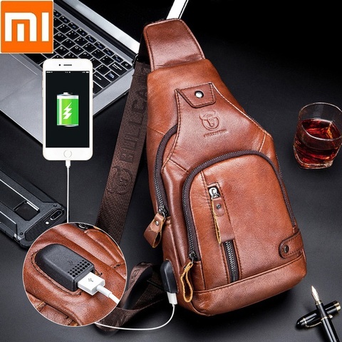 Xiaomi – sac à bandoulière tendance pour hommes, sacoche de poitrine, couche supérieure en cuir de vache, pour loisirs en plein air, chargeur USB, en cuir véritable ► Photo 1/6