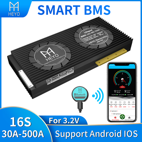 Smart bms 48V lifepo4 16s 100a 30a 80a 200a bluetooth UART rs485 NTC peut logiciel terminal multiple pour voiture à basse vitesse avec ventilateur ► Photo 1/6