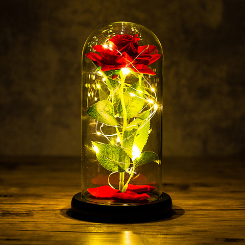 Lumière LED la belle et la bête Rose feuille d'or fleur fleurs artificielles en verre pour la saint-valentin cadeau nouvel an décorations ► Photo 1/6