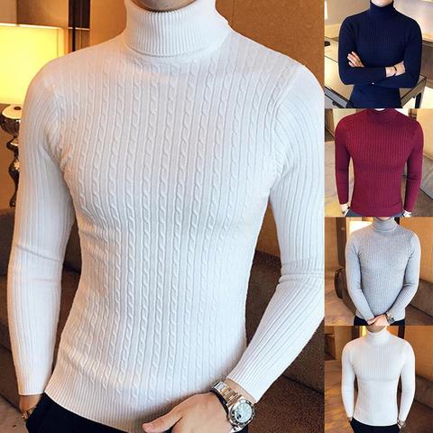 Décontracté hommes hiver couleur unie col de tortue à manches longues torsion tricoté mince pull hommes chandails tricotés pull hommes tricots ► Photo 1/6