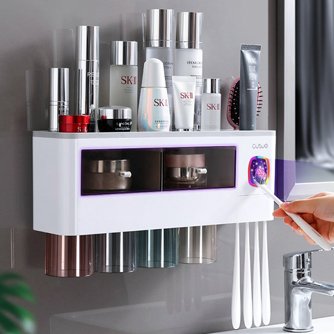 Onging nouveau porte-brosse à dents pour salle de bain automatique dentifrice presse-agrumes mur avec tasse support de rangement organisateur salle de bain accessoires ► Photo 1/6