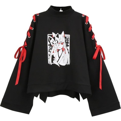 Vêtements pour femmes d'été Anime renard imprimé croix ruban femmes Lolita filles T-shirt harajuku printemps noir haut jupe sweats à capuche ► Photo 1/4