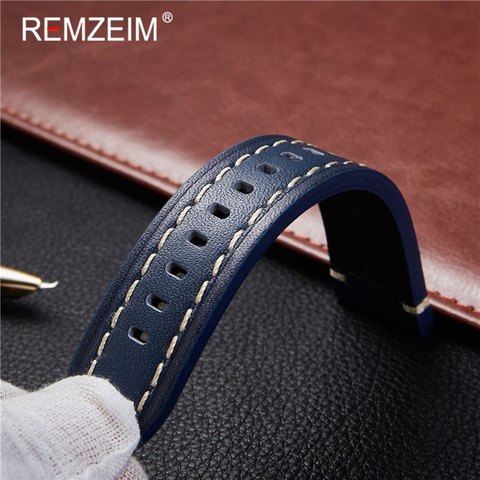 REMZEIM – Bracelet en cuir bleu Vintage, 18mm 20mm 22mm 24mm pour hommes et femmes, remplacement de Bracelet de montre montres, boucle solide ► Photo 1/6