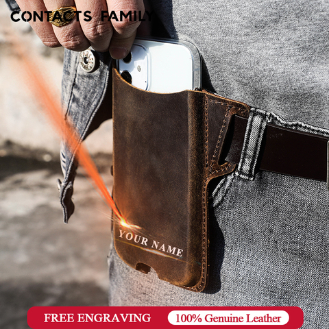 CONTACT'S FAMILY hommes Portable sport course téléphone Portable stockage ceinture sac Crazy Horse cuir véritable Ultra-mince sac poches ► Photo 1/6