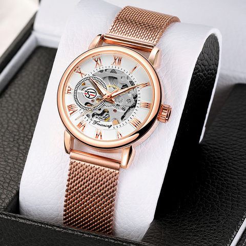 Forsining – Montre-bracelet automatique pour Femme, squelette mécanique, boîtier en acier inoxydable, or Rose ► Photo 1/6