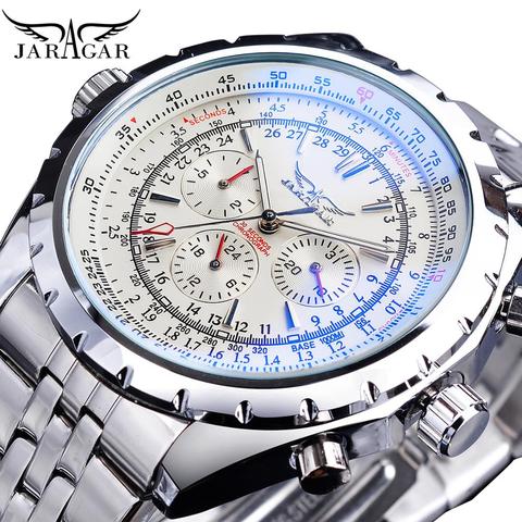 Jaragar cadran blanc montre automatique calendrier complet argent acier inoxydable lumineux affaires Sport mécanique Date montre-bracelet ► Photo 1/6