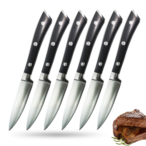 6 pièces 8.2 ''acier inoxydable Steak couteau ensemble japonais dîner couteaux Chefs viande cuisine couteaux ensembles POM doux noir poignée couverts ► Photo 1/6