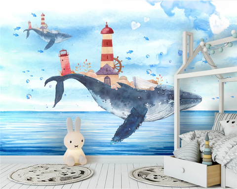 Beibehang – papier peint sur mesure pour chambre d'enfant, motif baleine, phare, océan bleu, peint à la main, décoration de maison ► Photo 1/6