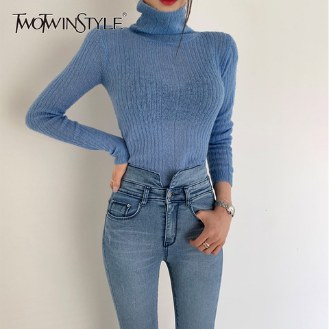 TWOTWINSTYLE – Pull à col roulé, slim, en maille, blanc, pour femme, avec manches longues, style coréen, tendance, nouvelle collection automne 2022 ► Photo 1/6