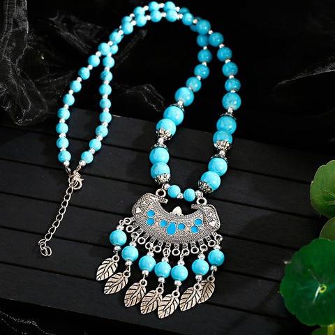 Collier à pompon, bijoux tibétains, ras du cou, perles, pierres turquoise, Vintage, géométrie, couleur argent, feuille, collier à pompon ► Photo 1/6