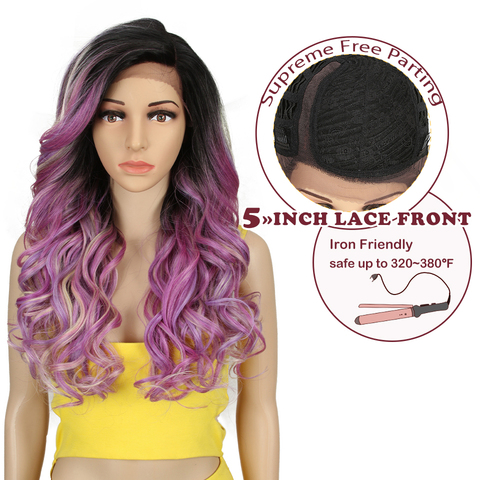 MAGIC Hai-perruque Lace Front Wig synthétique, cheveux longs, ondulés, rose, violet, 22 pouces, résistantes à la chaleur, coiffure de Cosplay, pour femmes noires ► Photo 1/6