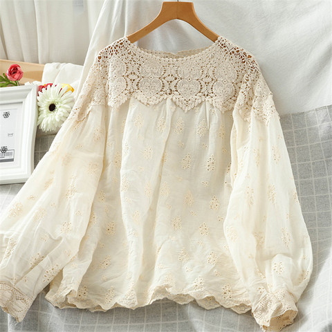 2022 printemps Blanc Coton Ligne Chemise Femme À Manches Longues Blouse Décontractée Crochet Évider Chemises Blusa Mujer ► Photo 1/6