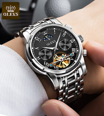 OLEVS Top marque hommes montre automatique mécanique montre robe de luxe lune lumière phaseTourbillon montre-bracelet cadeaux pour homme ► Photo 1/6