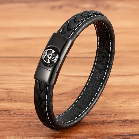 XQNI – Bracelet en cuir pour hommes, Style Simple, motif de crâne, Design en acier inoxydable, 3 couleurs, choix de taille, cadeau d'anniversaire ► Photo 1/6