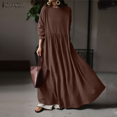 Femmes élégant Maxi longue Robe ZANZEA 2022 automne Vintage à manches longues solide Robe de soleil caftan Femme Robe Vestidos grande taille Baggy ► Photo 1/6