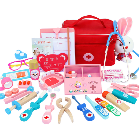 Ensemble de jouets de docteur pour enfants, Kit de jeux pour filles et garçons, faire semblant de jouer en bois, rouge, boîte médicale de dentiste, sac en tissu ► Photo 1/6