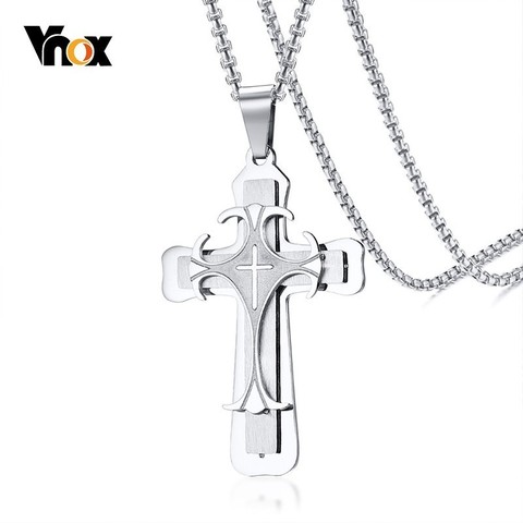 Vnox Punk Double croix colliers pour hommes prière Religion collier gratuit boîte en acier inoxydable chaîne 24