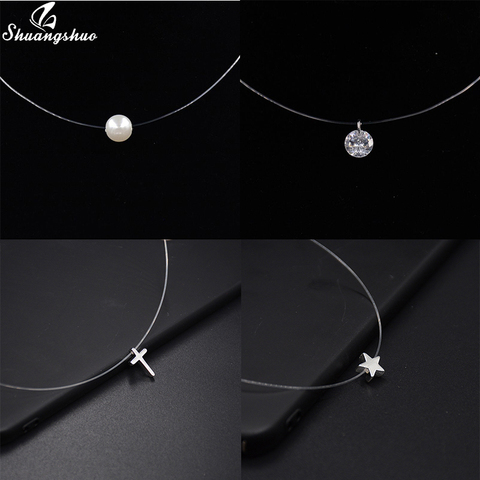 Collier ras du cou Invisible en cristal pour femmes, pendentifs de cou en Zircon, chaîne de clavicule pour filles, à la mode ► Photo 1/6