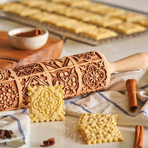 Rouleau à pâtisserie en bois gaufré avec motif, pour la cuisson des biscuits, des nouilles, du Fondant, de la pâte à gâteau ► Photo 1/6