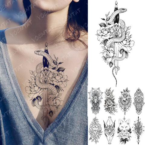 Imperméable à l'eau temporaire tatouage autocollant serpent fleur Rose Flash tatouages dentelle renard Lion arbre corps Art bras faux manches tatouage femmes ► Photo 1/6